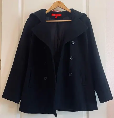 Anne Klein  Wool Pea Coat Hooded Black Double-Breasted Buttons Women's Size PL