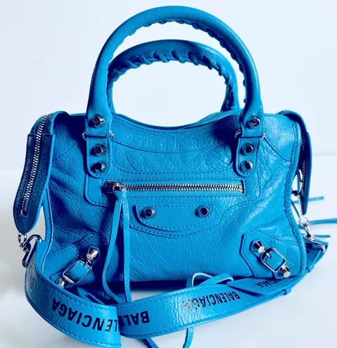 Balenciaga Metallic Edge Classic Mini City Crossbody Bag Blue Brand New