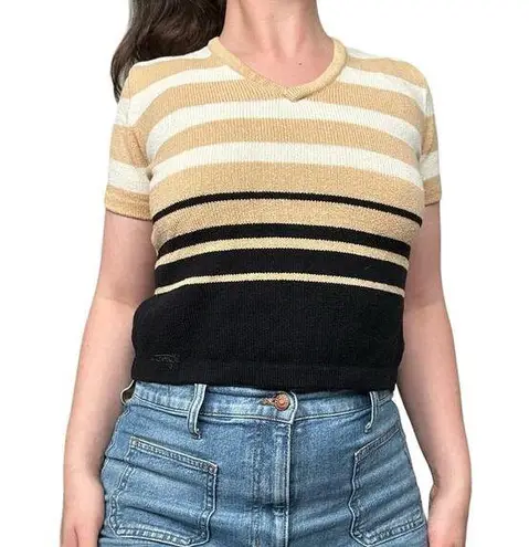 St. John Vintage Sport Marie Gray Small Santana Knit Tan White Black Striped Tee