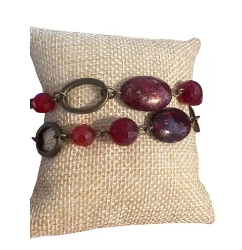 Premier Designs Vintage Caliente Bracelet Antique Gold Brass Tone Dark Red 7.25"