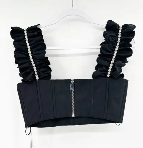 AREA Crystal Embellished Ruffle Bustier Top in Black Size 4 NWT