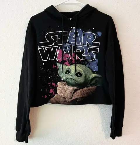 Star Wars The Child Grogu Yoda Black Paint Splatter Cropped Graphic Hoodie L