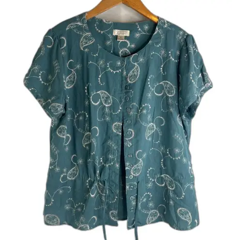 Christopher & Banks  Teal Embroidered Button‎ Front Drawstring Waist Top Sz LG