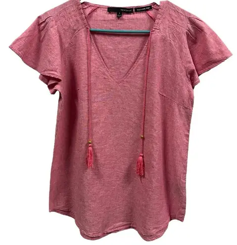 Harvé Benard Harve Benard Washable Linen Cotton Pink Tassel Short Sleeve Blouse Top Women’s S