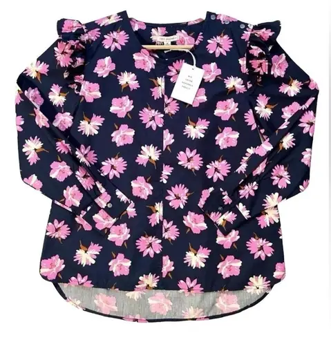 NWT Free Assembly Floral Long Sleeve Blouse Blue Size M