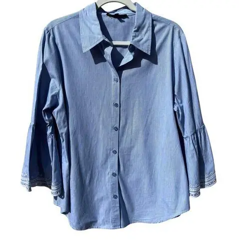 Alex Marie Blue Embroidered Scalloped Bell Sleeve Button Up Blouse Size Large