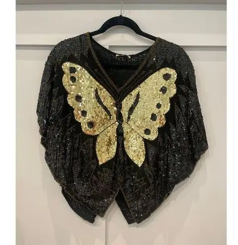 Scala VTG Madame Butterfly Black & Gold Hand Sewn Beaded 100% Silk Top