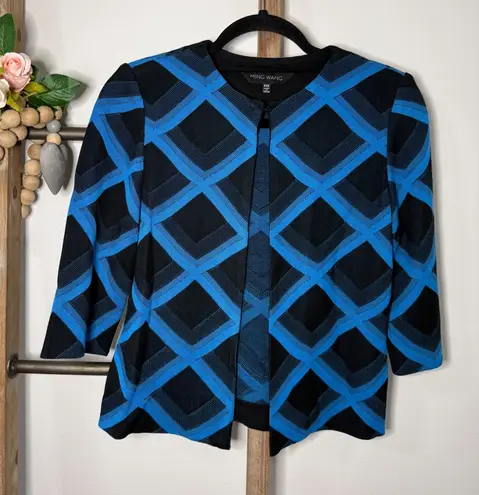 Ming Wang Black Blue Geometric Diamond Knit Open Front Cardigan Jacket PXS