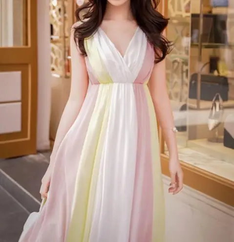 Pastel Pink White Yellow Long Chiffon Maxi Summer Sun Dress Size Medium