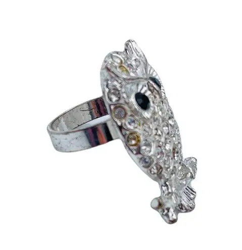 Premier Designs Owl Silvertone Rhinestone Ring Size 6