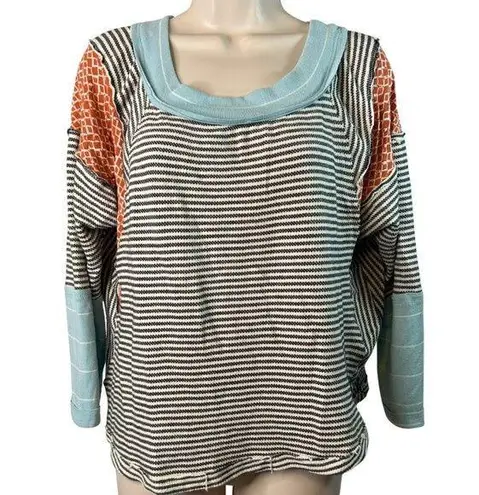 Ces Femme Boho Patchwork Long Sleeve Scoop Neck Blouse Size Small