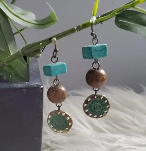 Lightweight Aztec Bohemian Stone Wood Metal Dangle Earrings