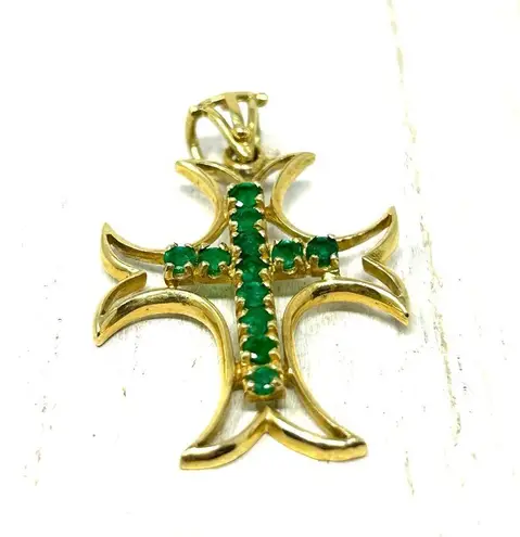Solid 18K, genuine emeralds cross pendant Gold