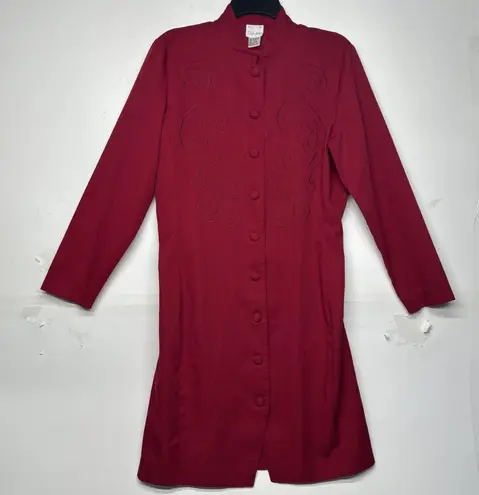 Style Works Women’s Size 14 Red Long Button Front Embroidered Dress Coat Jacket