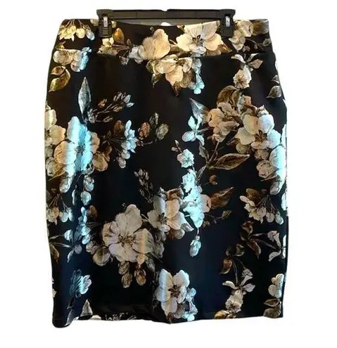 Avenue Metalic Floral Roses Pull On Pencil Skirt Black Gold Silver Women’s 14/16