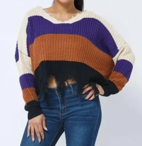 Love j color block frayed cropped sweater