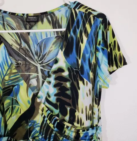 TRIBAL Medium Blue, Yellow, Black Crossover, Cap Sleeve, Midi Dress Blue