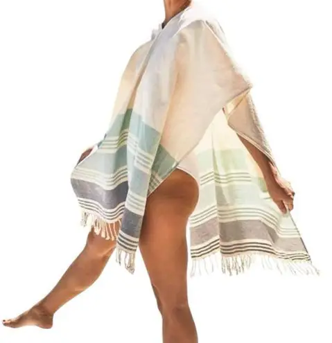 Tribe Alive Causebox Ivory Blue Cotton Fringe Poncho Swim Beach Coverup One Size