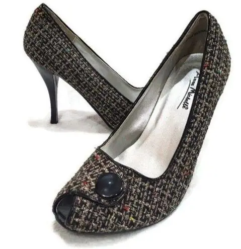 Anne Michelle Black Multicolor Tweed Open Toe Pumps Size 8