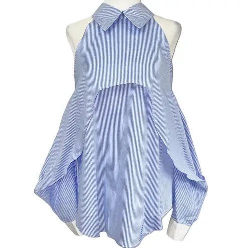 Central Park West New Fold Over Cold Shoulder Shirt Blue White Stripe