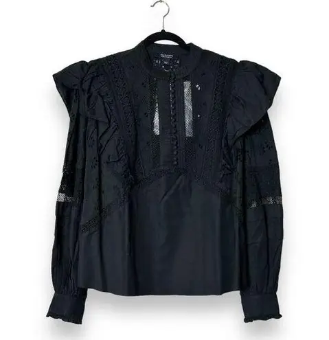 All Saints Aubrey Black Embroidered Frill Broderie Prim Blouse Top Black Size 12