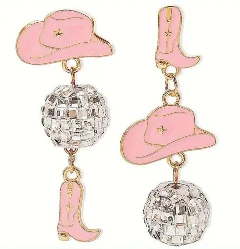 NEW Western Pink Cowboy Hat & Boot Dangle Earrings, Disco Ball Jewelry, Cowgirl