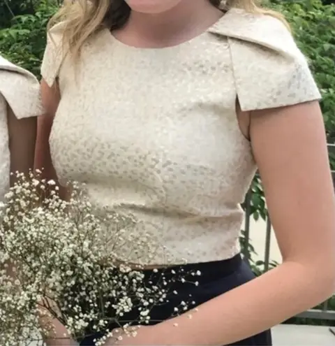 Badgley Mischka Belle Gold Cap Sleeve Crop Top Exposed Gold Zipper Back Size 8