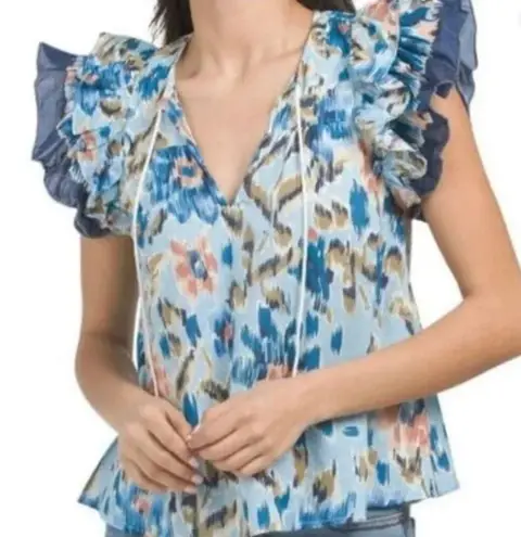 House of Harlow 1960 | Boho Ruffle Abstract Floral Top | Zoe Blue | Sz S