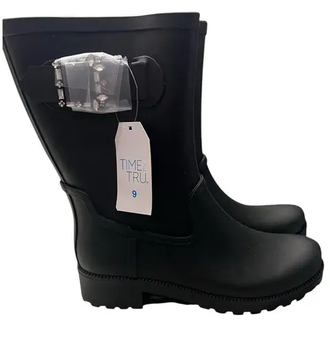 Time And Tru Women's Black Buckle Water Resistant Easy On Off Rain Boots Size 9