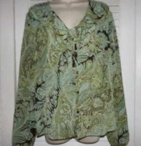 Emma James Vtg Emma James green/brown paisley ruffle neck blouse 16 Whimsy Coquette