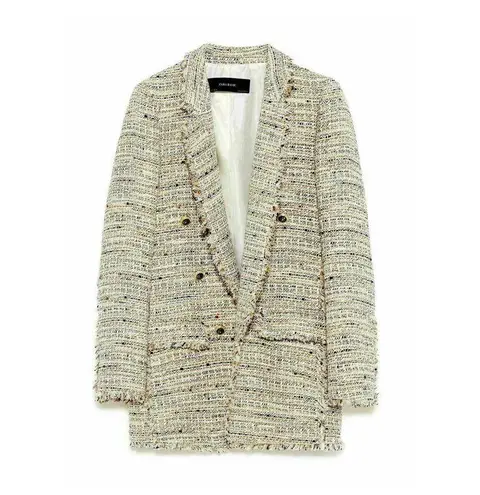 ZARA cream open front gold button tweed long sleeve blazer jacket XS