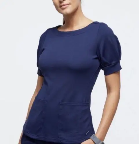 Jaanuu Womens Scrub Top Sz Small Blue Puff Sleeve