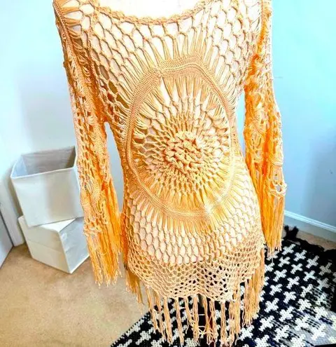 Peach Crochet Fringe Top Tan