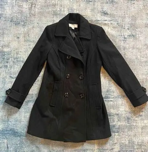 Anne Klein  Black Double Breasted Wool Blend Pea Coat Size S