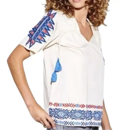 Anthropologie Pepin Women’s Size M White Red Blue Embroidered Cotton V