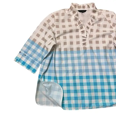 Ming Wang Top Womens 2XL Tan Blue Check Gingham Poplin 100% Cotton Tunic Ruffle