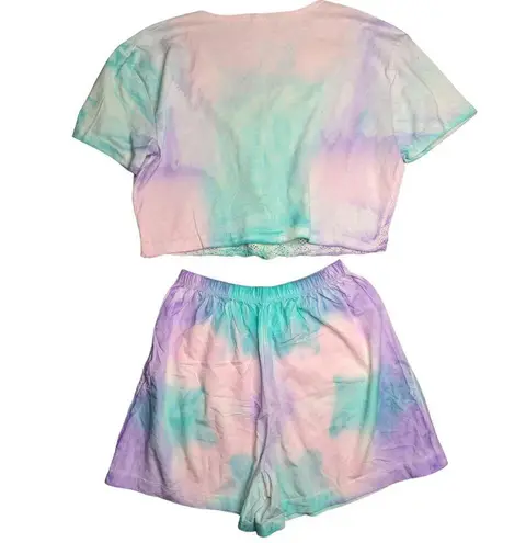 Vtg 1980s Suzy Phillips Pastel Pink Blue Tie Dye Crochet Crop Top Shorts Set M Size M