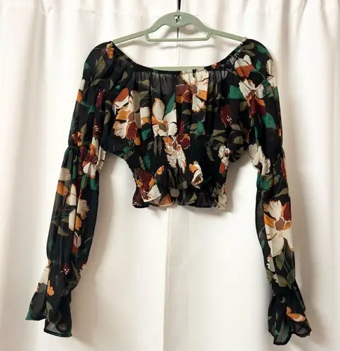 Black Square Neck Cottagecore Floral Chiffon Blouse With Ruffle Sleeves Top Multiple
