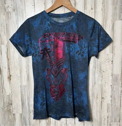 American Fighter Blue Pink Short Sleeve Shirt Animal Print Womens Medium