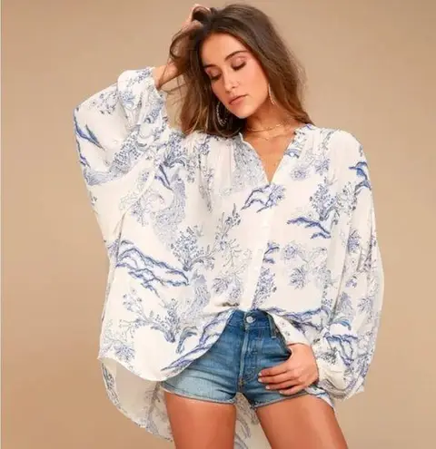 Free People Ivory & Blue Balloon Sleeve Top