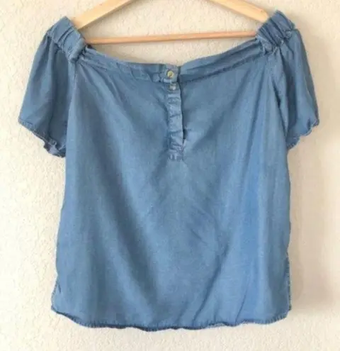 Thread and Supply  Blue Chambray Button Back Off Shoulder Short Sleeve Top S