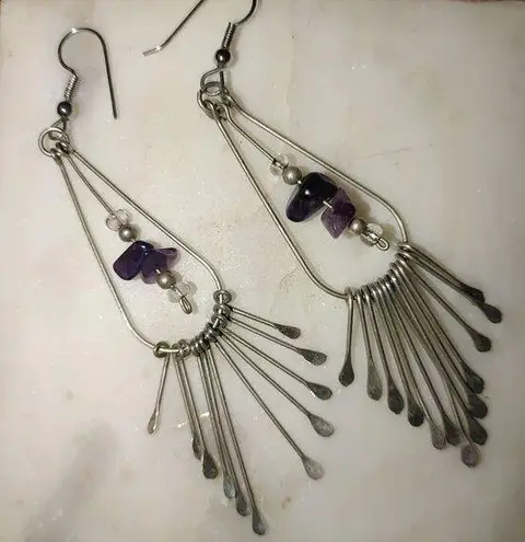 Long Vintage Silver Dangle Earrings Purple Amethyst Pearl Beads Fringe