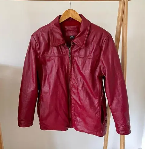 Vintage Leather Collared Zip Up Jacket in Cherry Red Size L
