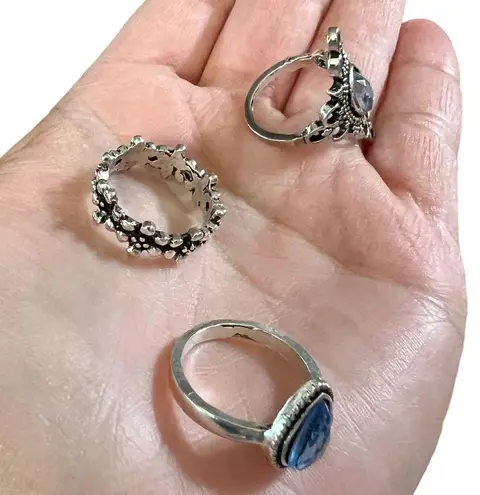 Lot of 3 Silver Tone Blue Teardrop, Floral & Oval Cabochon Size 6.25 Rings