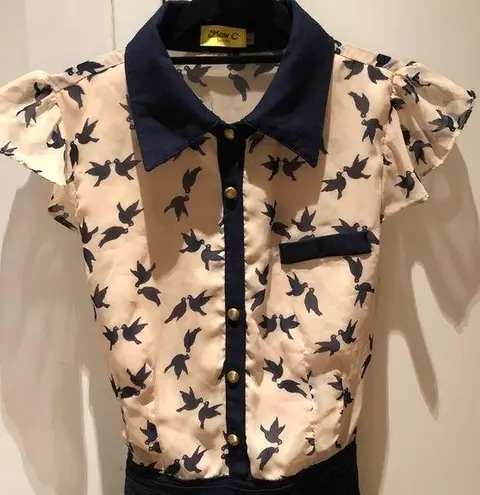 Swallow Print Romper, Navy & Pink