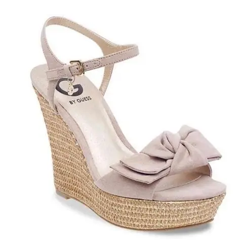 Guess Taupe and Gold Woven Platform Wedge Sandals with Bows