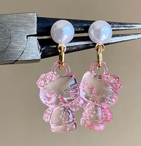 Handmade Kitty Cat Pink Kawaii Y2k Dangle Earrings