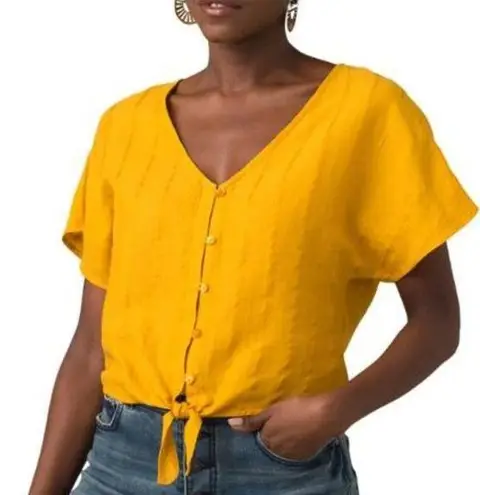 prAna  Summer Fun Top Golden Mustard Crop Button Front Athleisure Travel Small