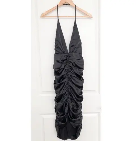 NBD  Black Low V Cut Front Ruched Halter Dress Small NWT