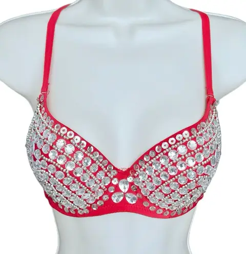 Rhinestone Burlesque Dance Rave Bustier Bra. Y2K. Hand Sewn. Red. Size Large Red